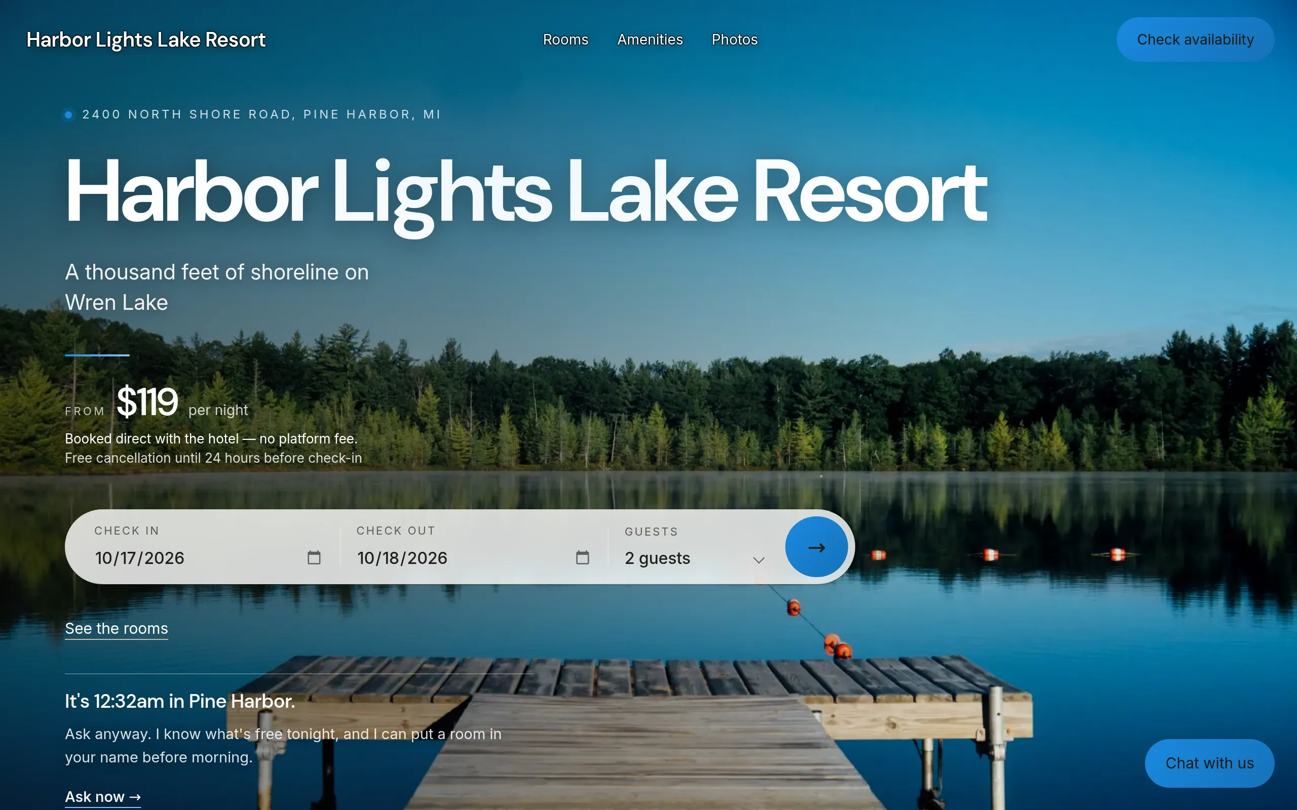 Harbor Lights Lake Resort, our demo resort's own website, with its booking bar